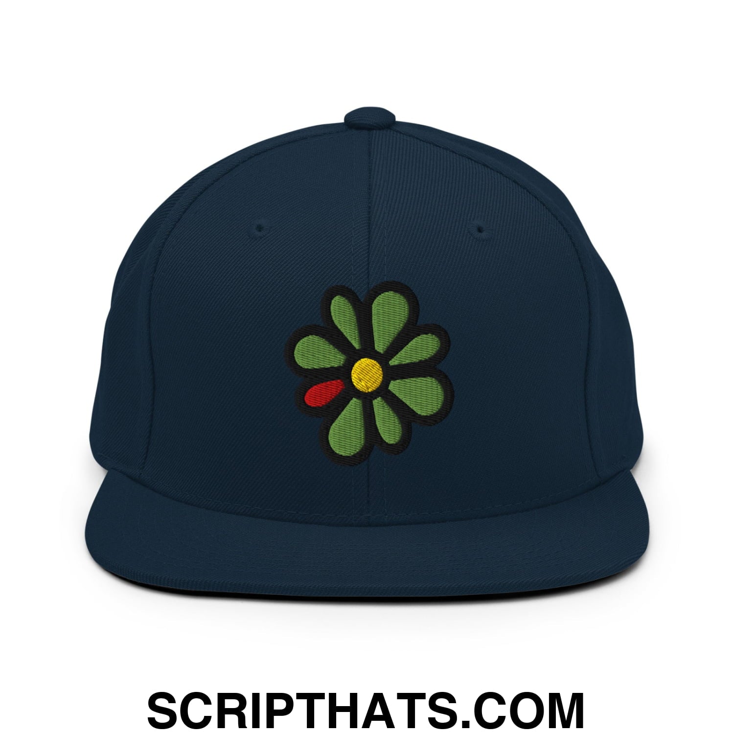 ICQ Embroidered Flat Bill Brim Snapback Hat Dark Navy