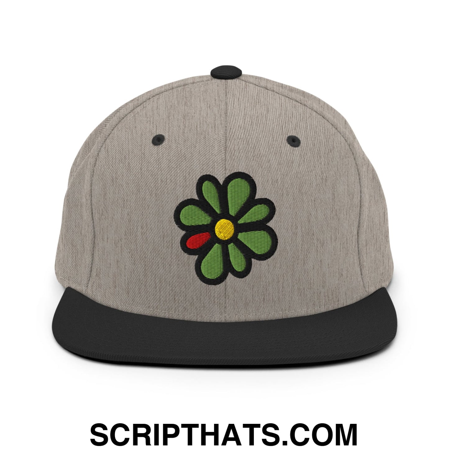 ICQ Embroidered Flat Bill Brim Snapback Hat Heather Black