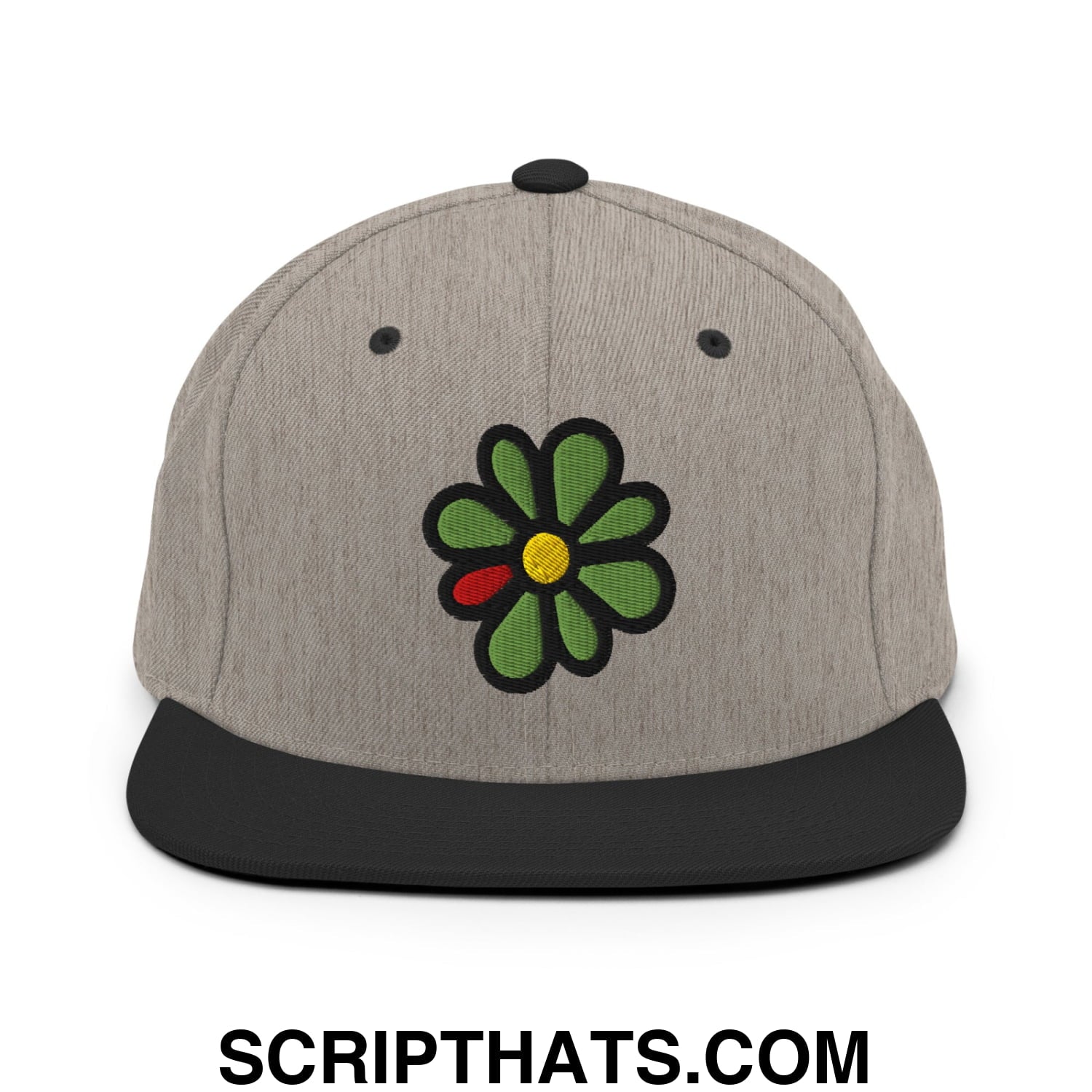 ICQ Embroidered Flat Bill Brim Snapback Hat Heather Black