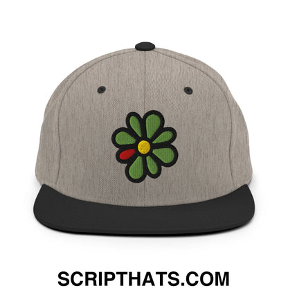 ICQ Embroidered Flat Bill Brim Snapback Hat Heather Black