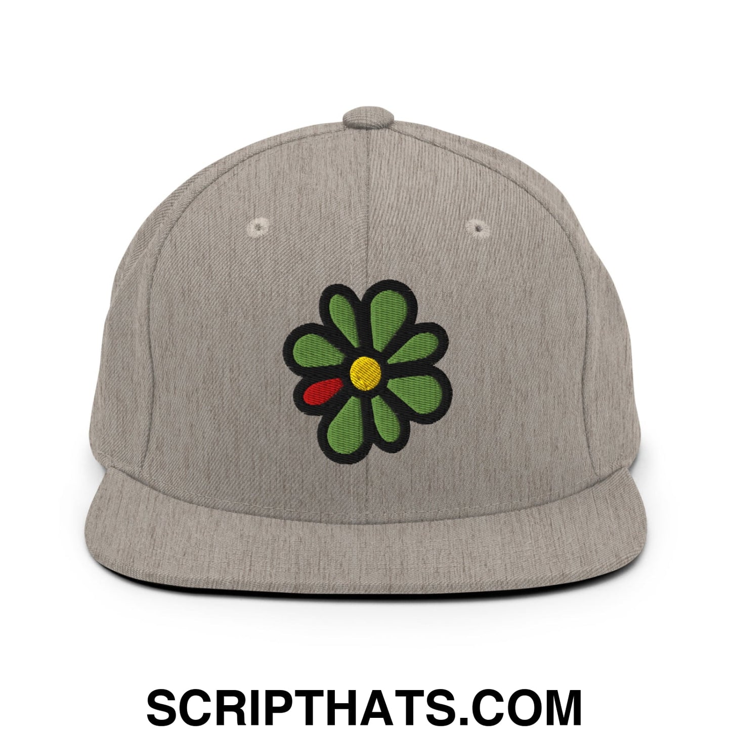ICQ Embroidered Flat Bill Brim Snapback Hat Heather Grey