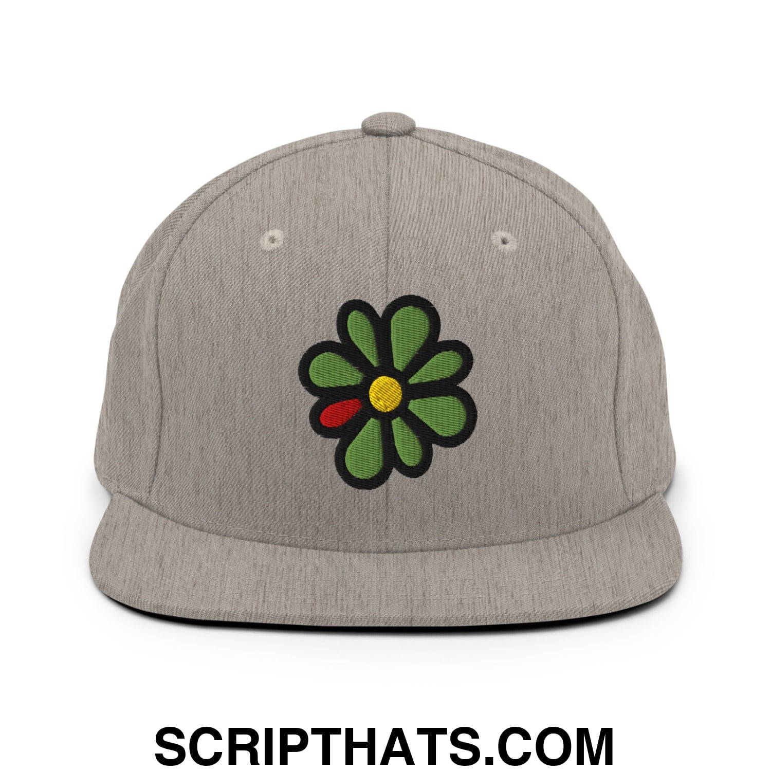 ICQ Embroidered Flat Bill Brim Snapback Hat Heather Grey