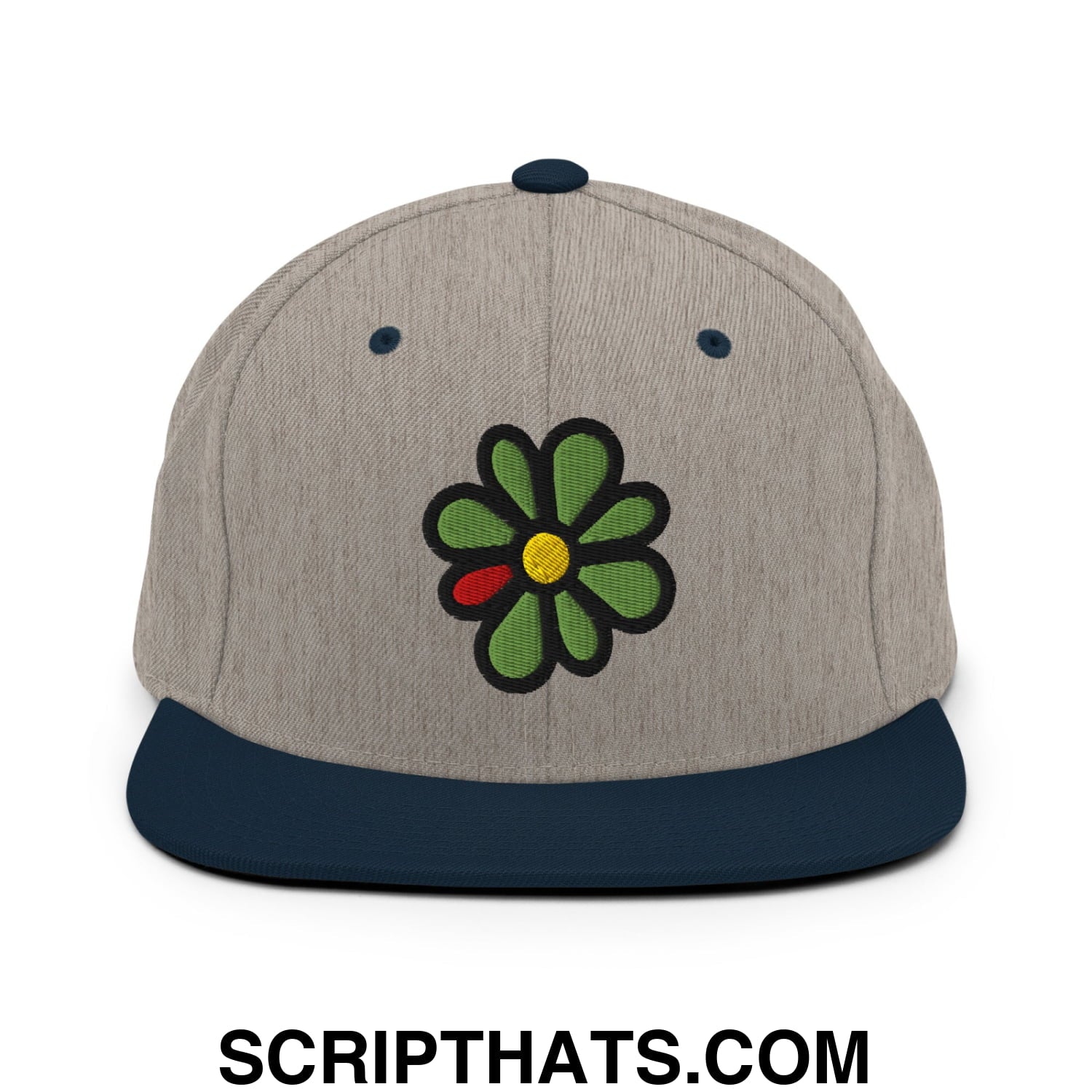 ICQ Embroidered Flat Bill Brim Snapback Hat Heather Grey Navy