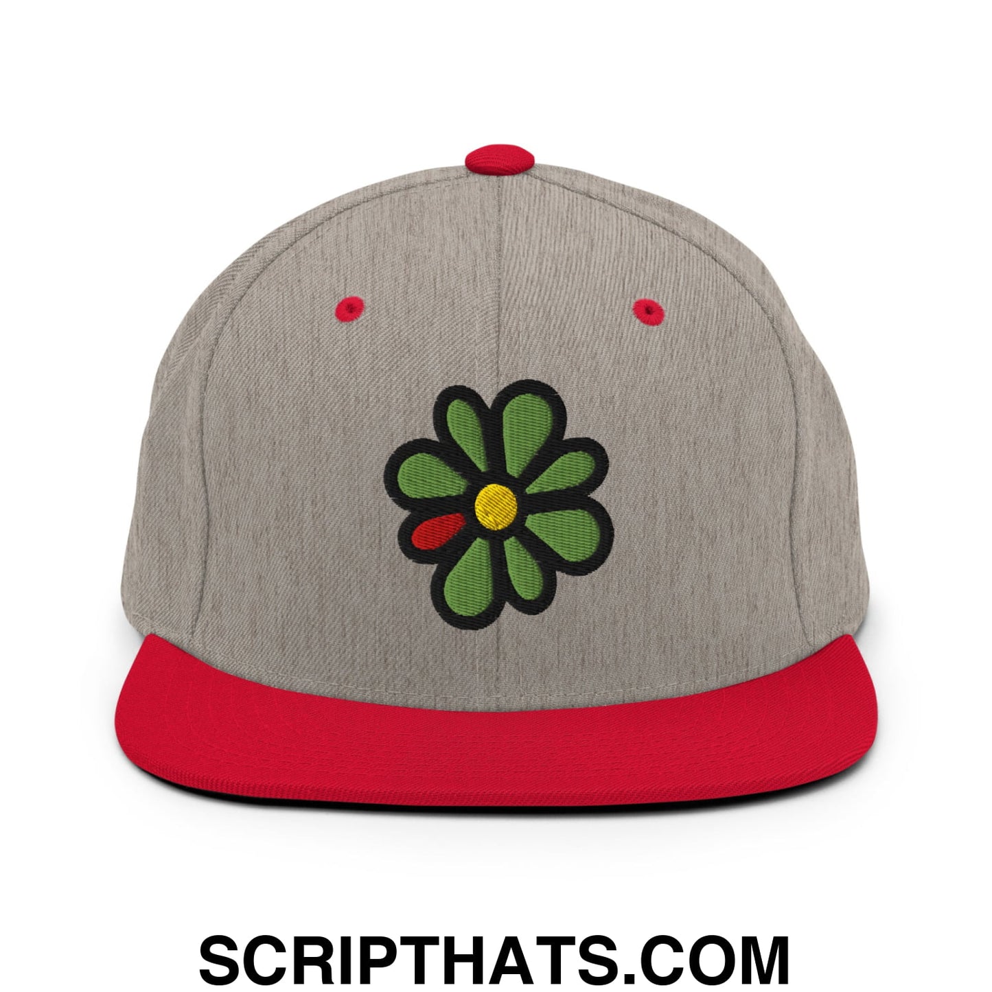 ICQ Embroidered Flat Bill Brim Snapback Hat Heather Grey Red