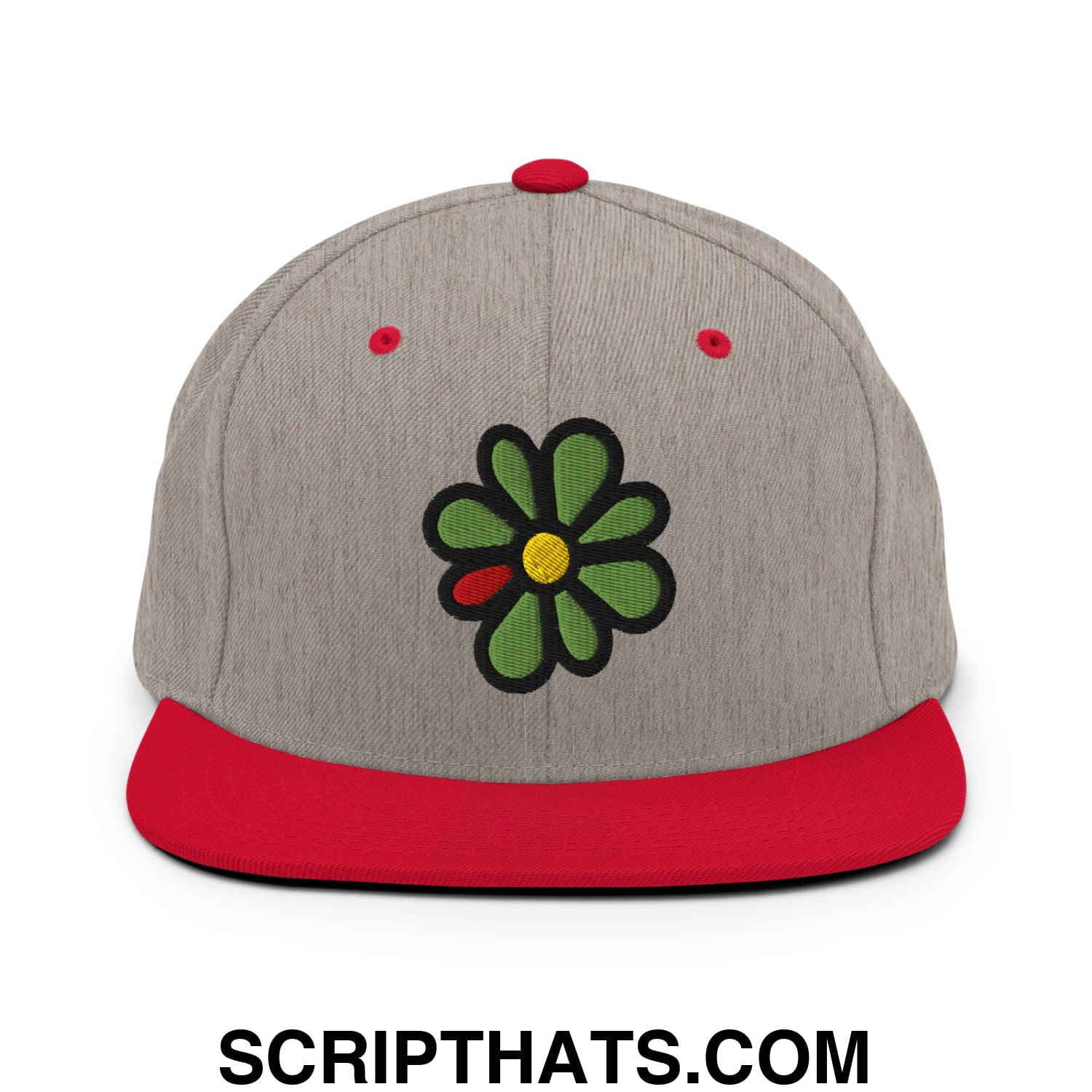 ICQ Embroidered Flat Bill Brim Snapback Hat Heather Grey Red