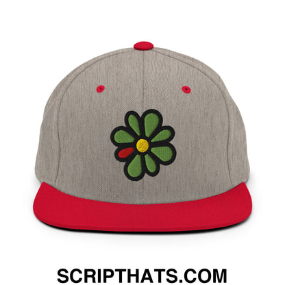 ICQ Embroidered Flat Bill Brim Snapback Hat Heather Grey Red