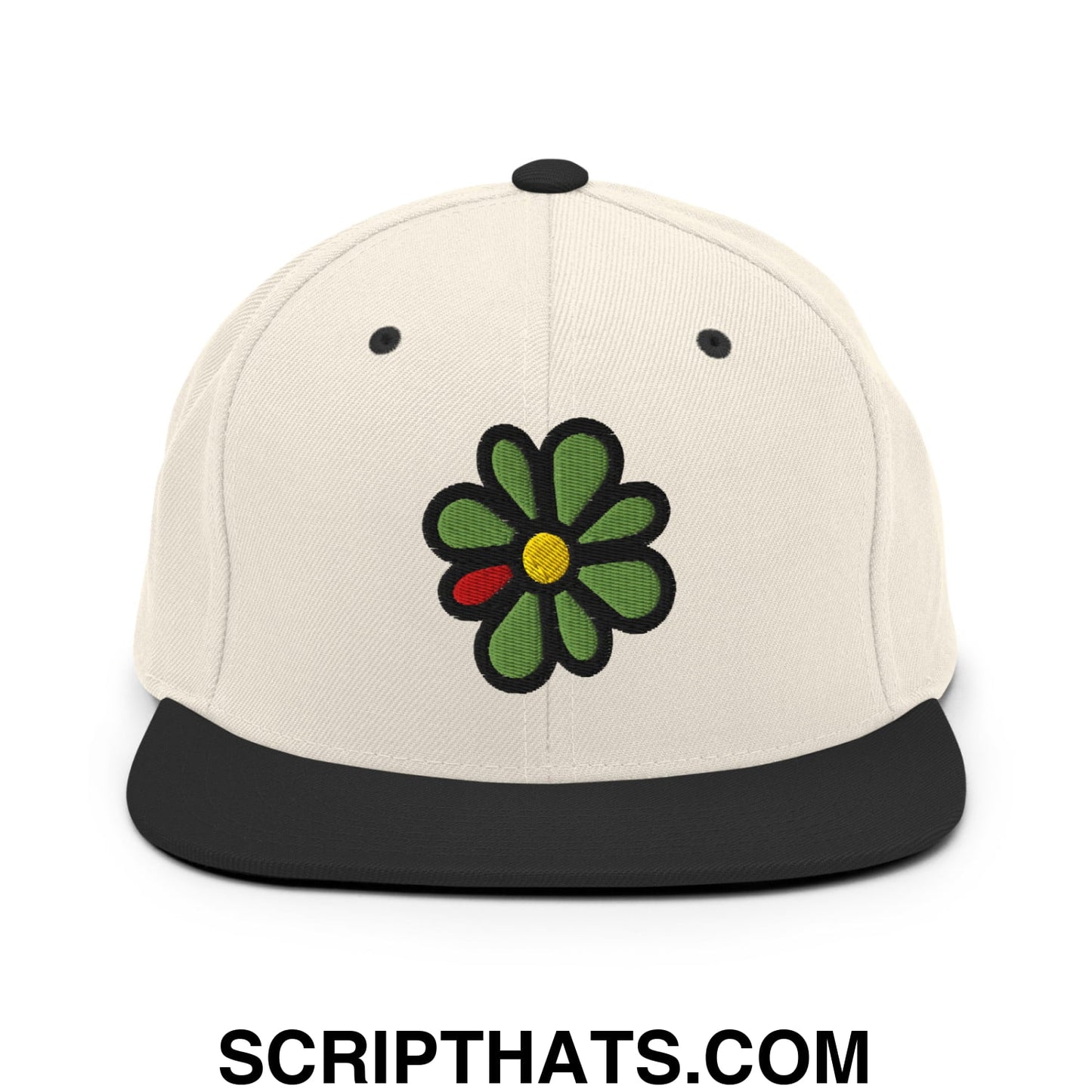 ICQ Embroidered Flat Bill Brim Snapback Hat Natural Black