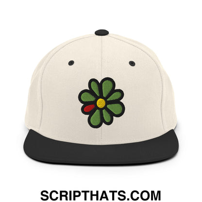 ICQ Embroidered Flat Bill Brim Snapback Hat Natural Black