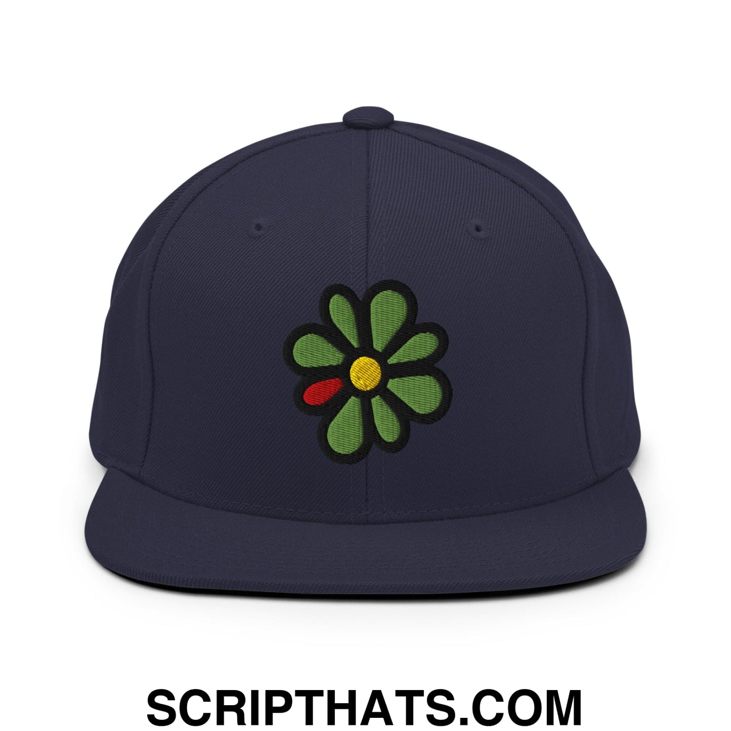ICQ Embroidered Flat Bill Brim Snapback Hat Navy