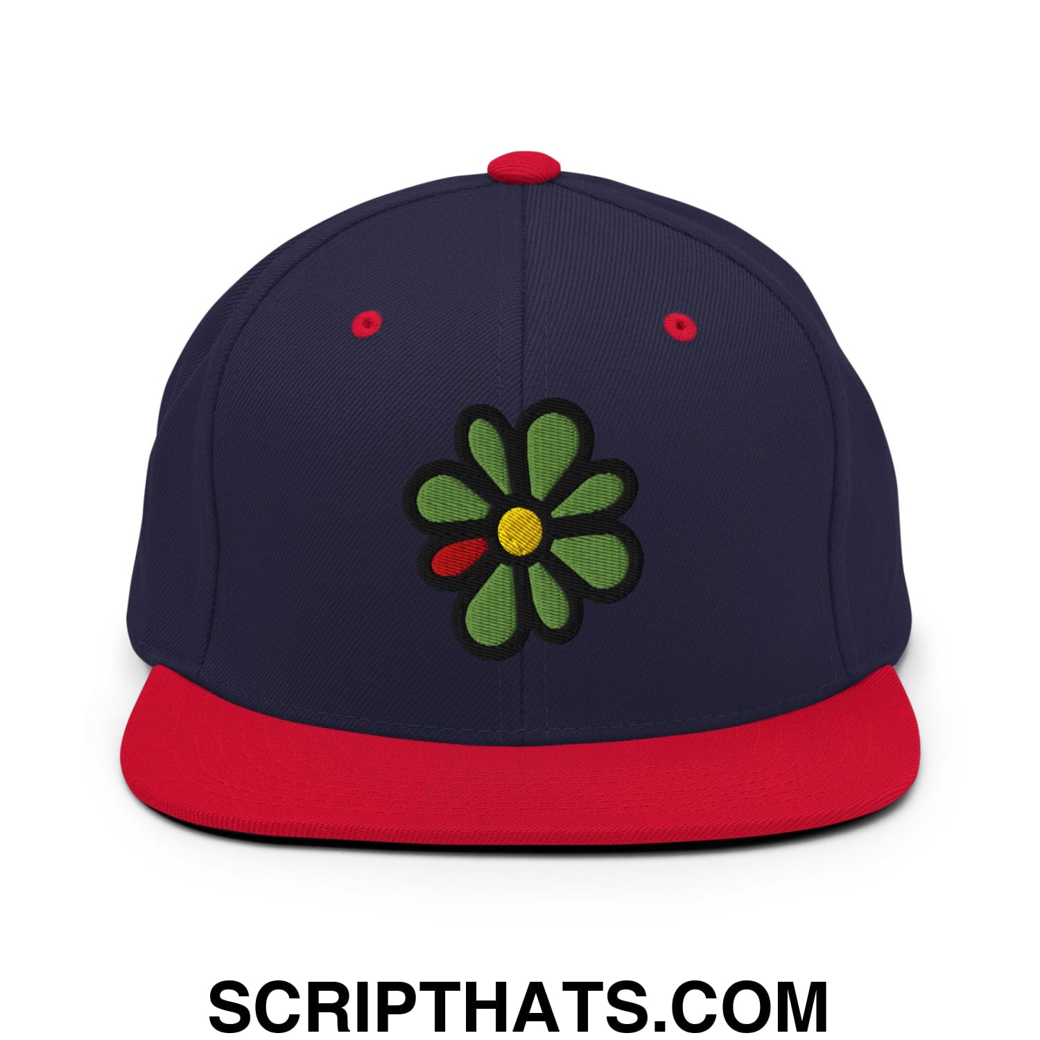 ICQ Embroidered Flat Bill Brim Snapback Hat Navy Red