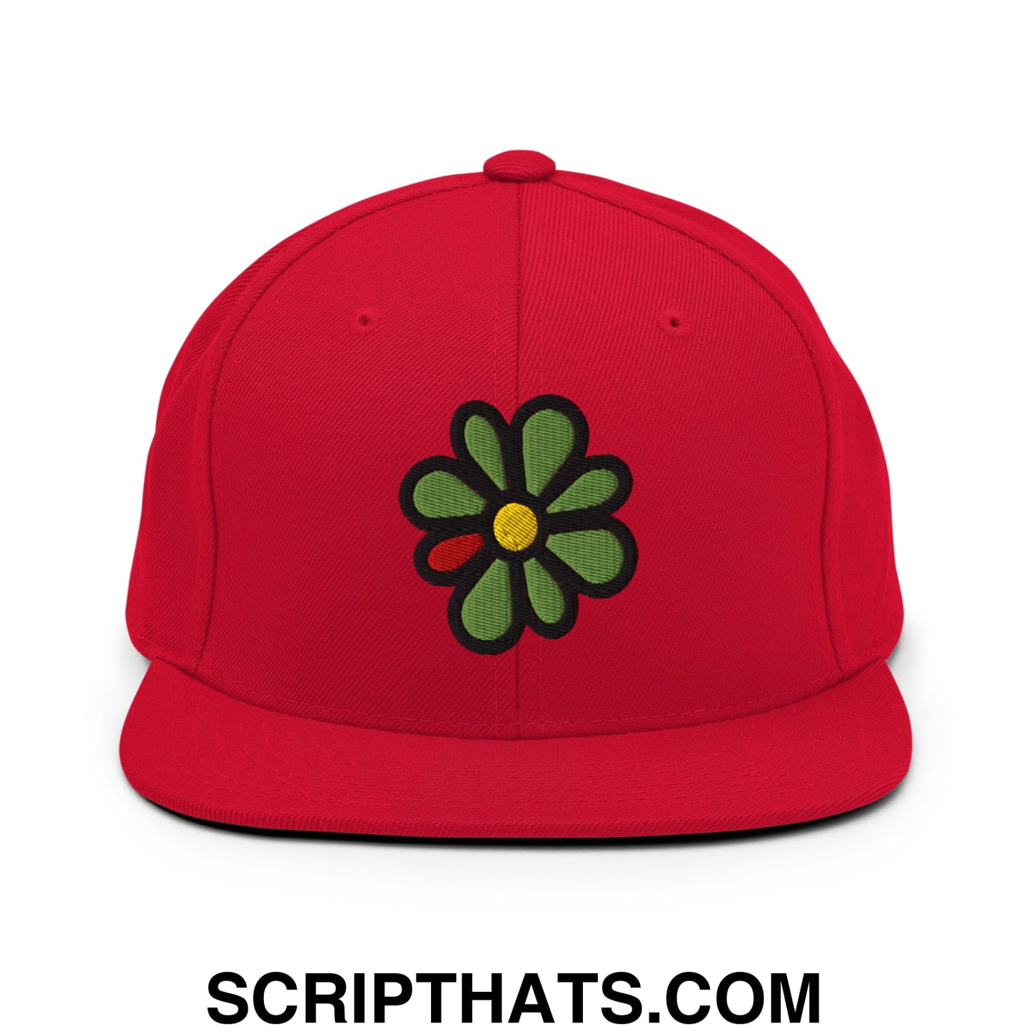 ICQ Embroidered Flat Bill Brim Snapback Hat Red