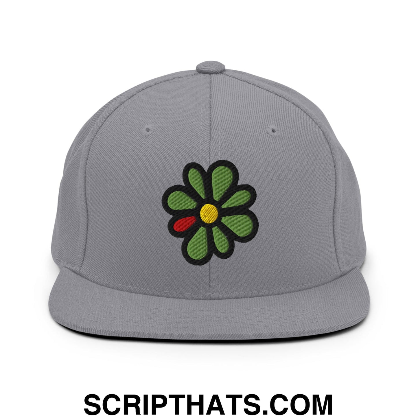 ICQ Embroidered Flat Bill Brim Snapback Hat Silver