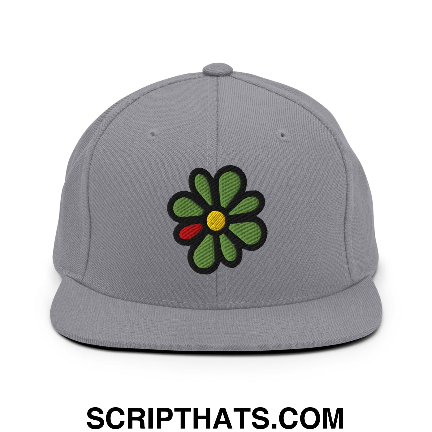 ICQ Embroidered Flat Bill Brim Snapback Hat Silver