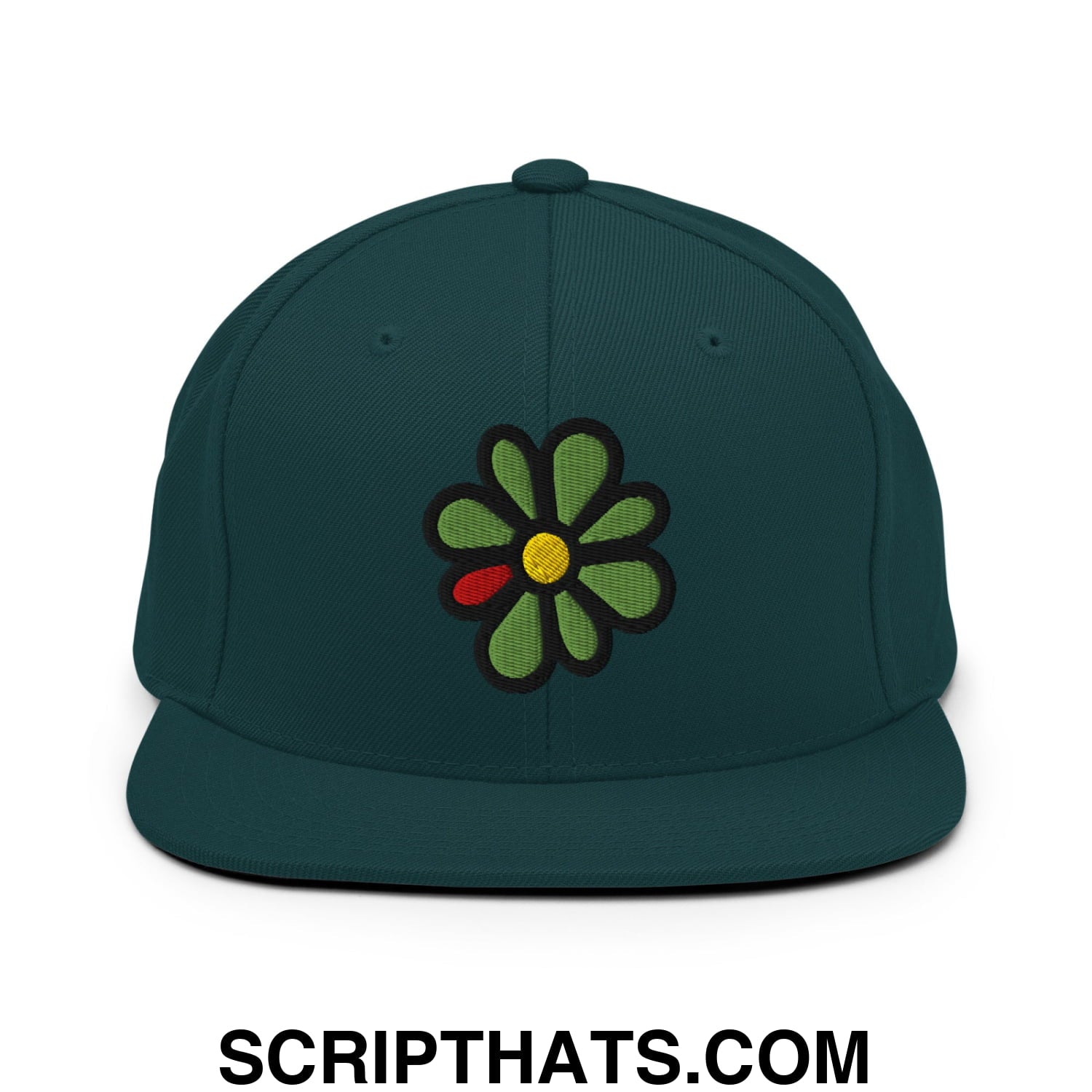 ICQ Embroidered Flat Bill Brim Snapback Hat Spruce