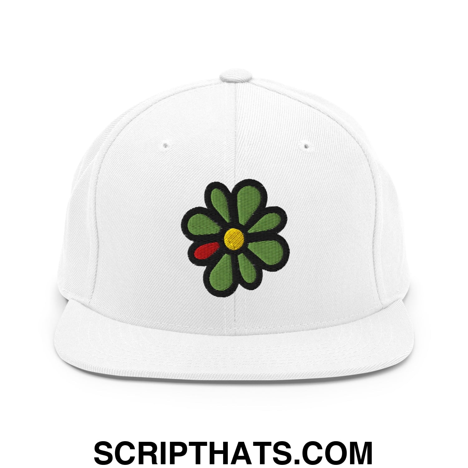 ICQ Embroidered Flat Bill Brim Snapback Hat White