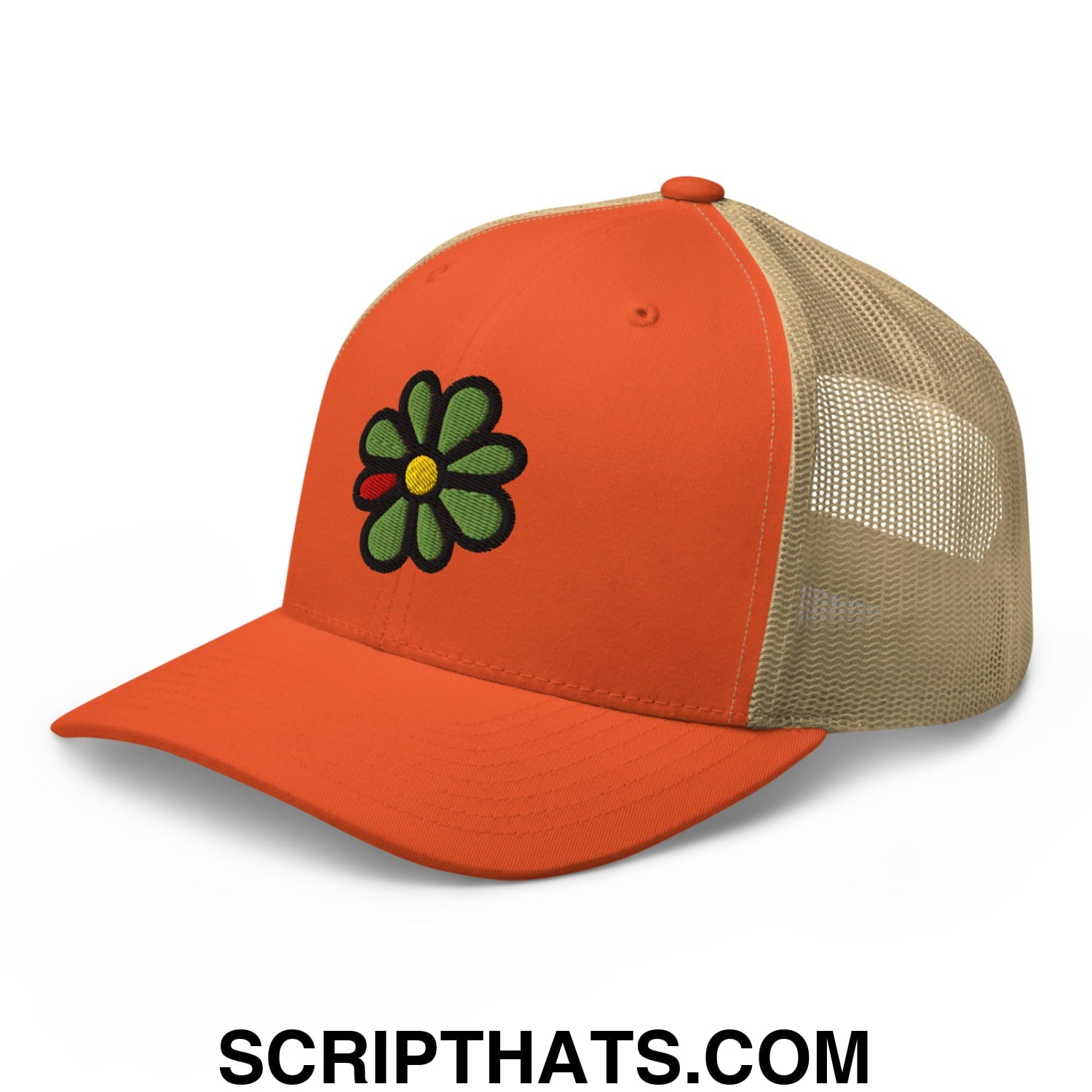 ICQ Embroidered Mesh Trucker Hat Rustic Orange Khaki