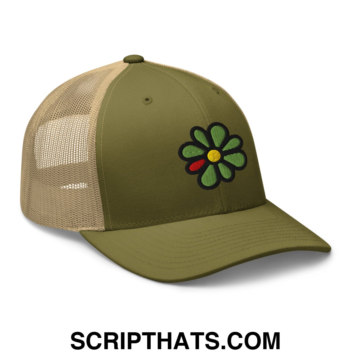 ICQ Embroidered Mesh Trucker Hat Moss Khaki