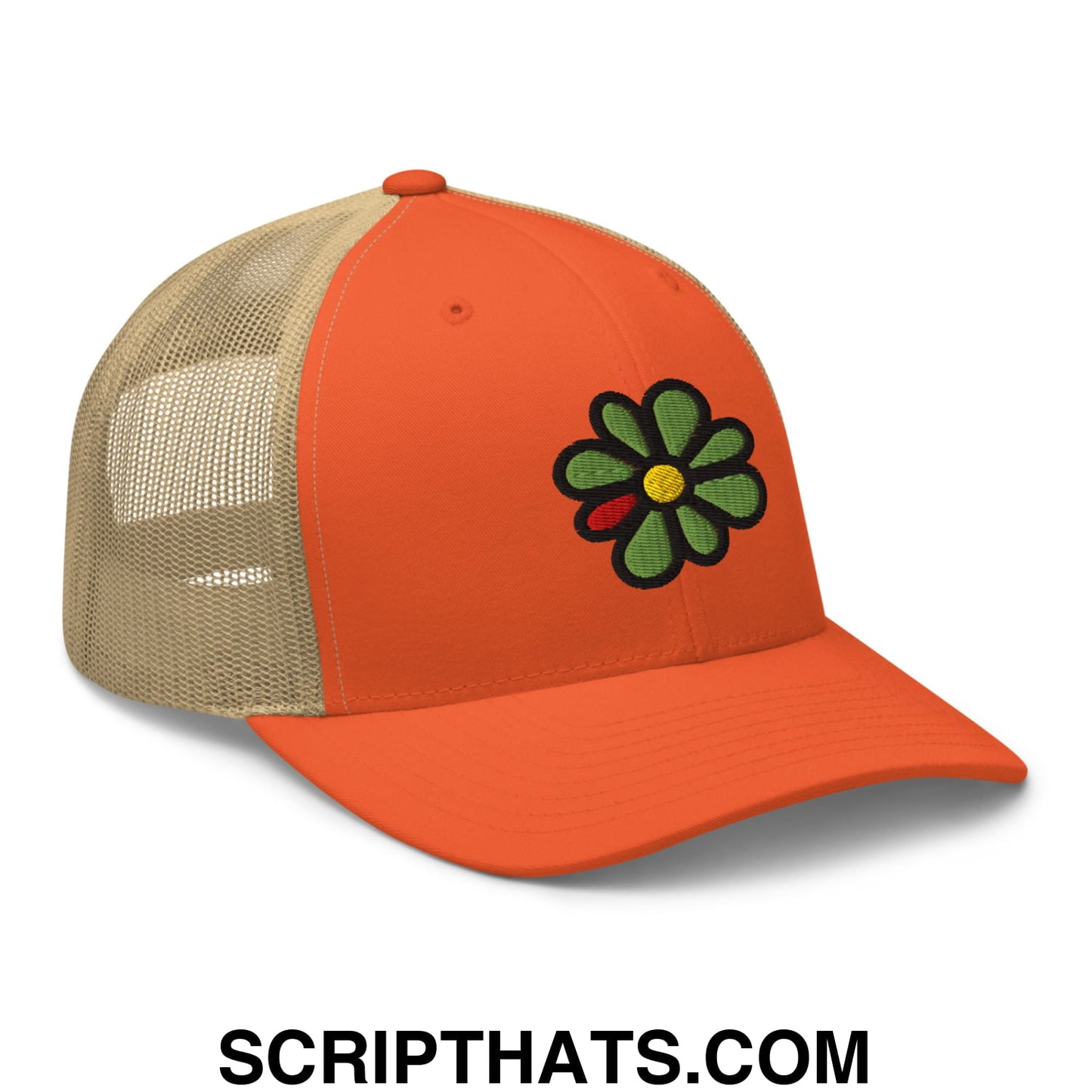 ICQ Embroidered Mesh Trucker Hat Rustic Orange Khaki