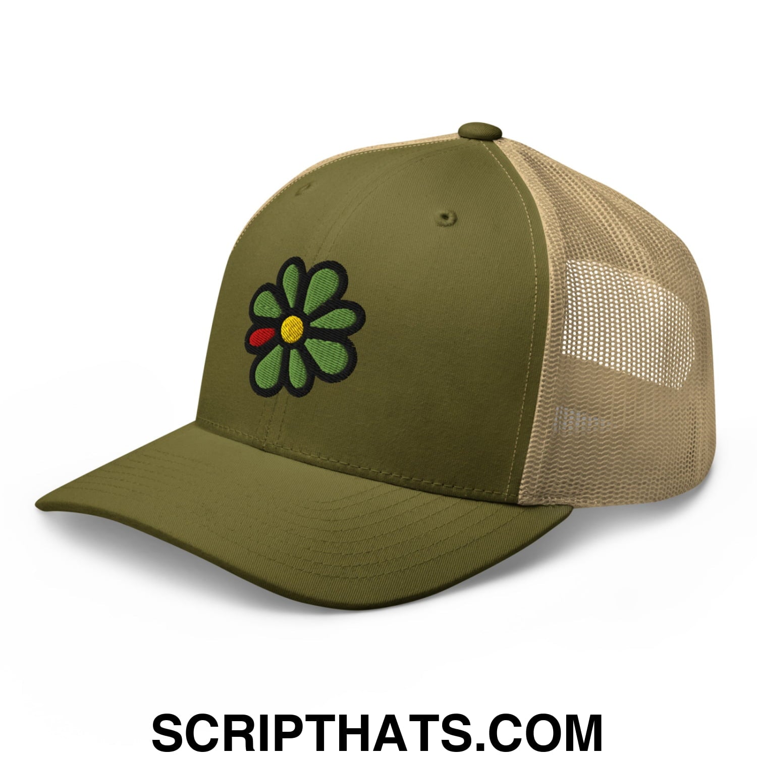 ICQ Embroidered Mesh Trucker Hat Moss Khaki
