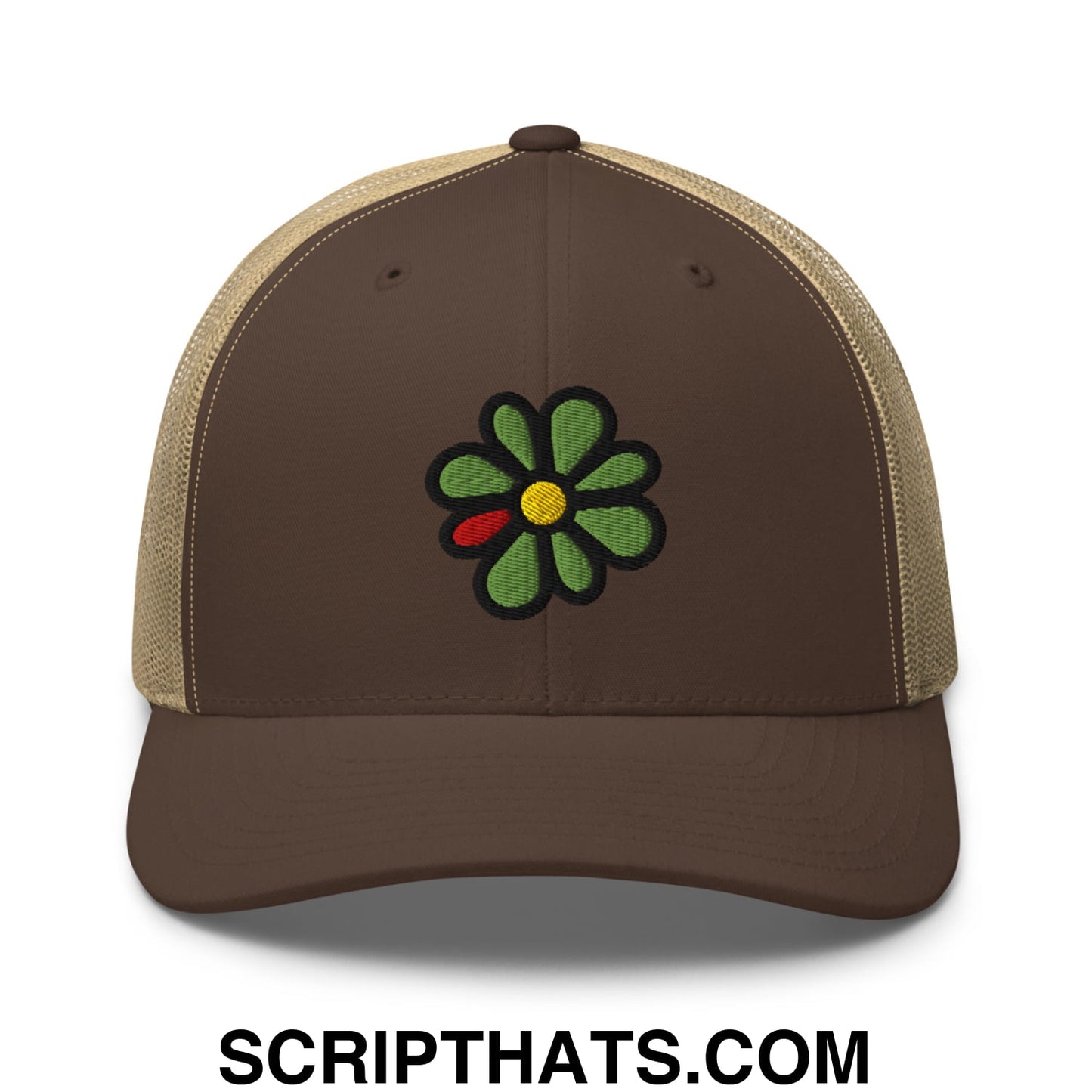 ICQ Embroidered Mesh Trucker Hat Brown Khaki