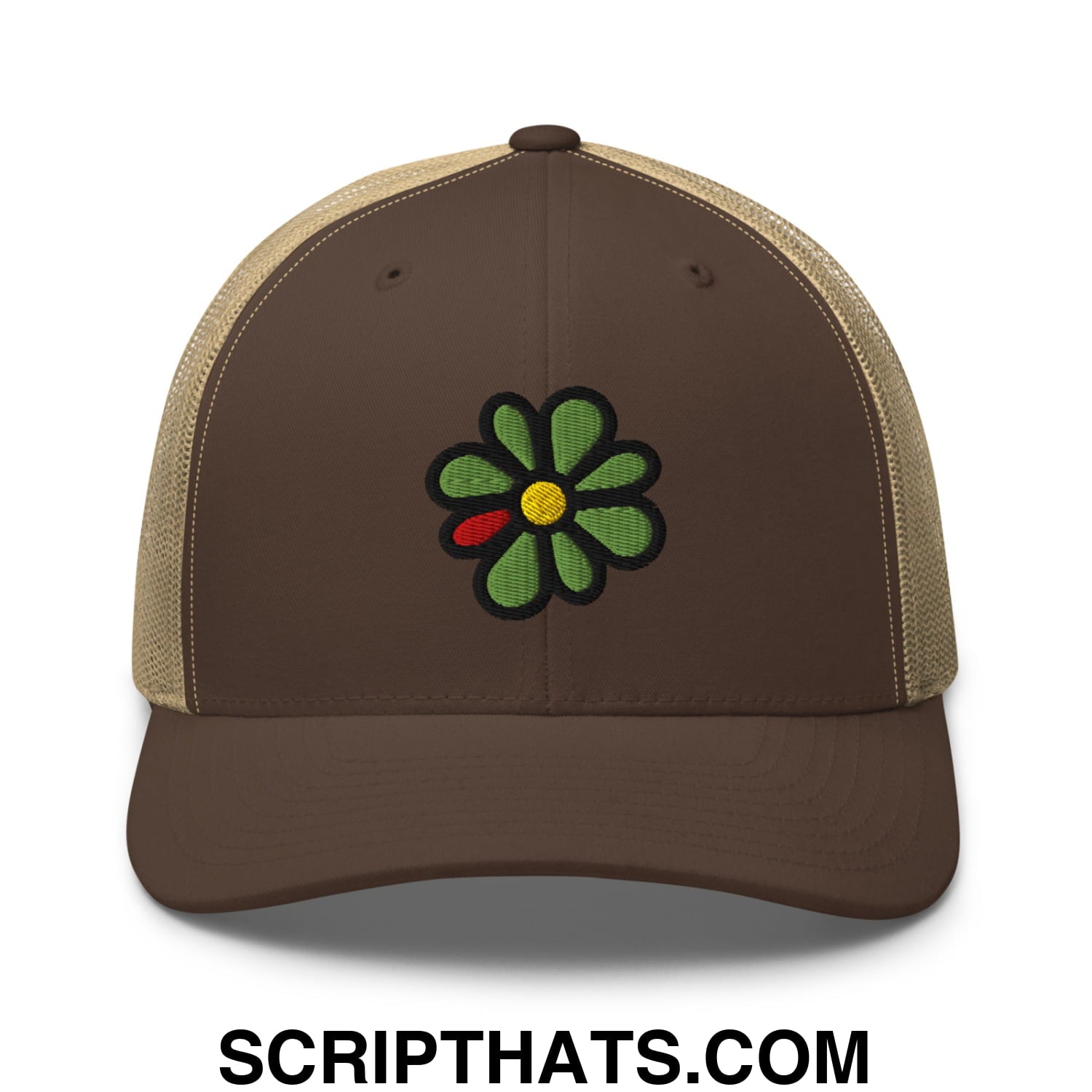 ICQ Embroidered Mesh Trucker Hat Brown Khaki