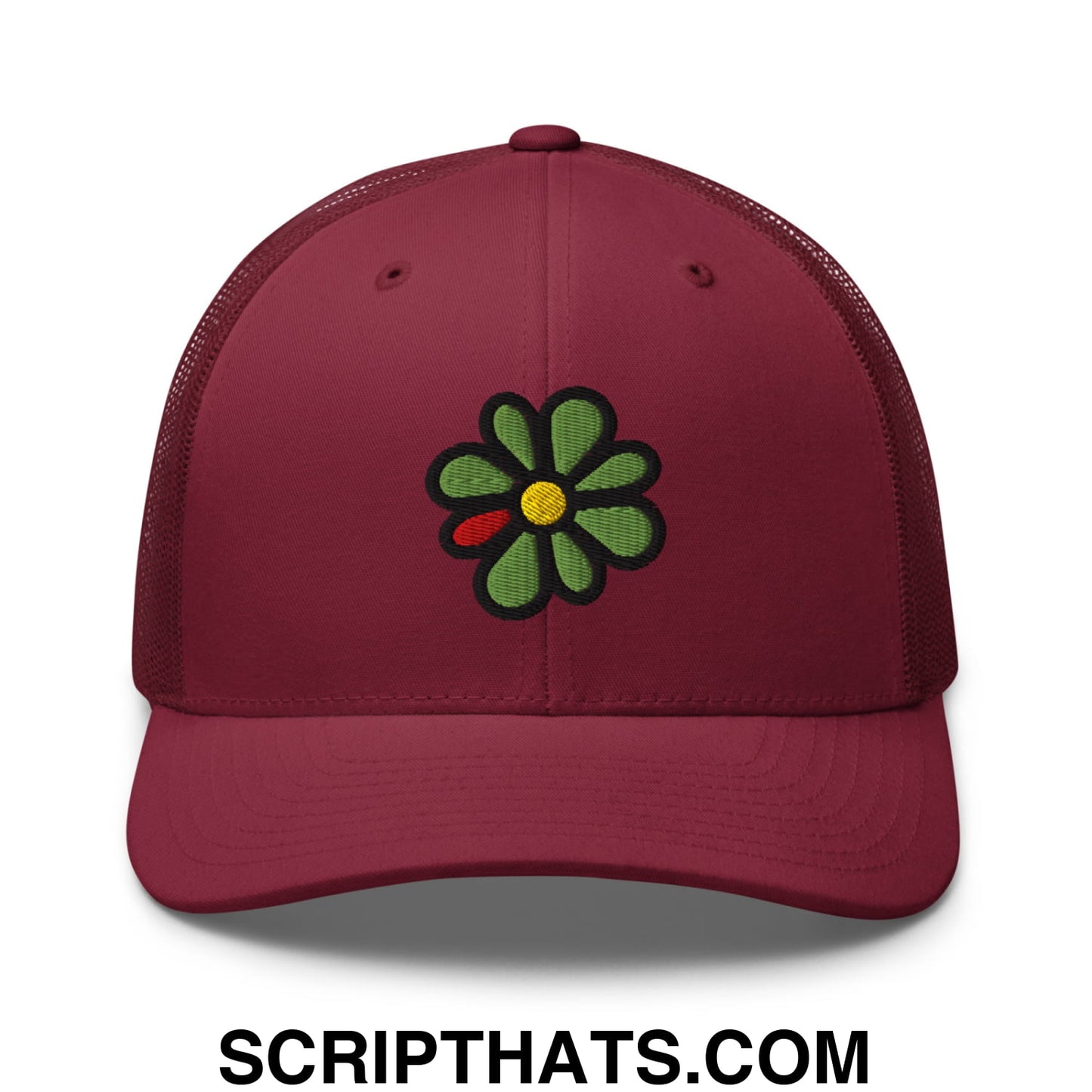 ICQ Embroidered Mesh Trucker Hat Cranberry