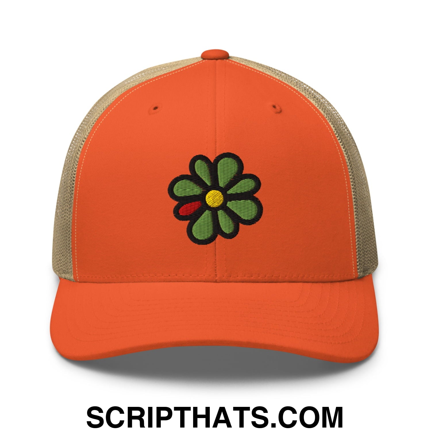 ICQ Embroidered Mesh Trucker Hat Rustic Orange Khaki
