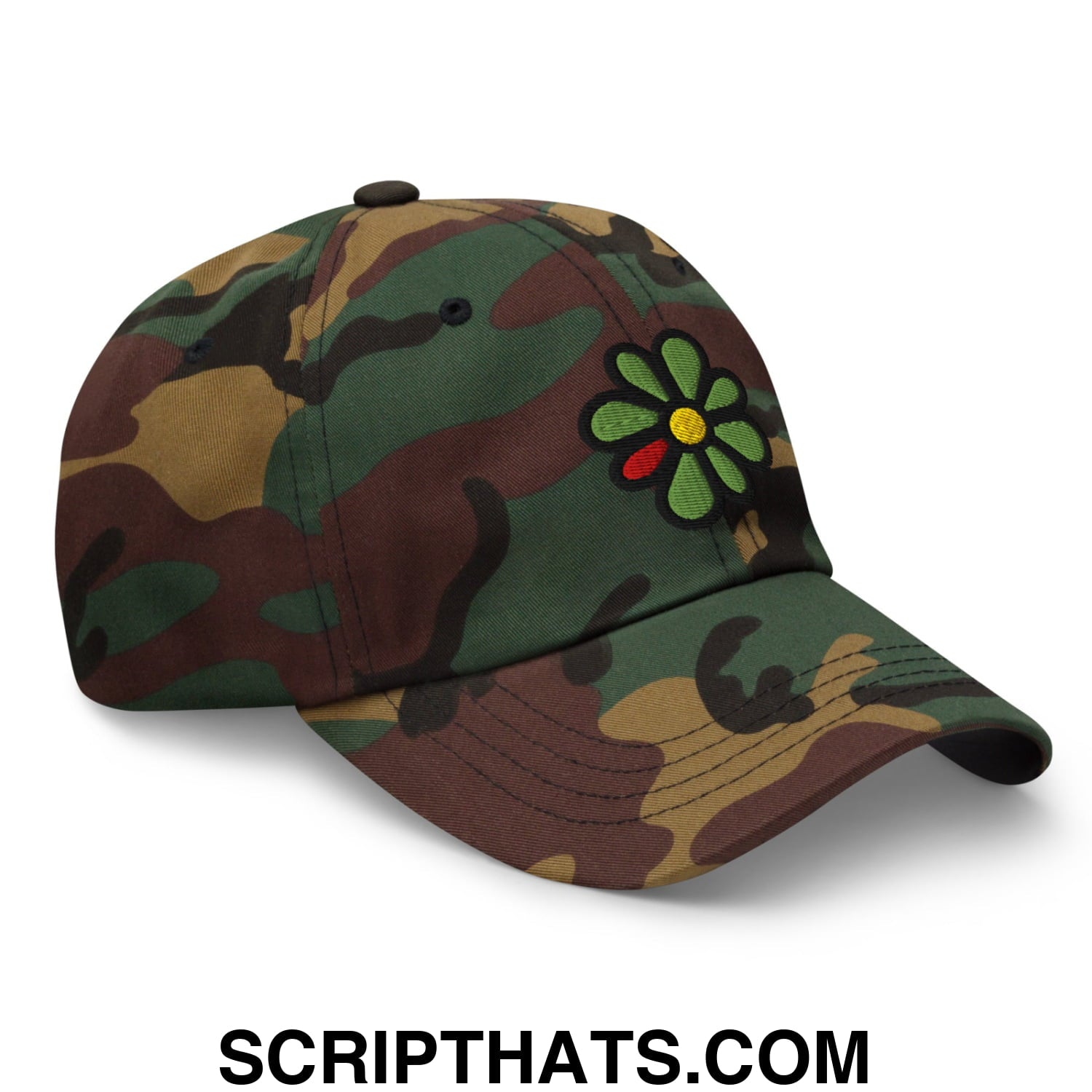 ICQ Embroidered Unstructured Dad Hat Green Camo