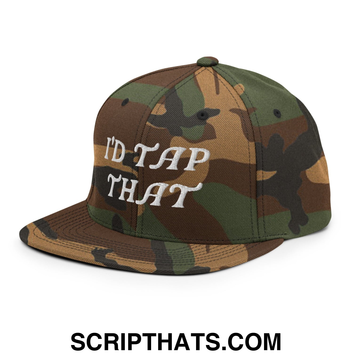 I'd Tap That Embroidered Flat Bill Brim Snapback Hat Green Camo