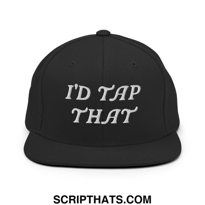 Black snapback hat with white embroidered id tap that script and flat bill brim for casual wear