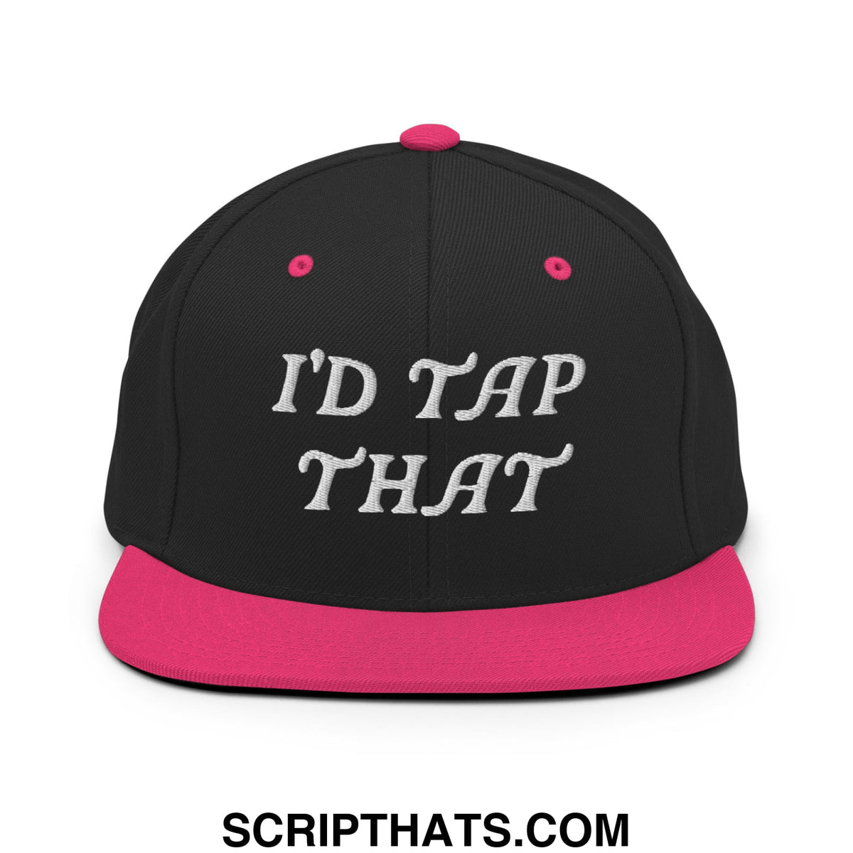 Black snapback hat with pink brim and white embroidered text i’d tap that on flat bill brim snapback cap