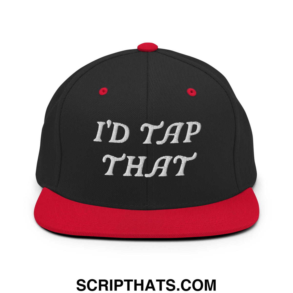 Black and red snapback hat with white embroidered id tap that text and flat bill brim design