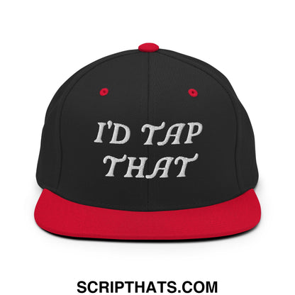 Black and red snapback hat with white embroidered id tap that text and flat bill brim design