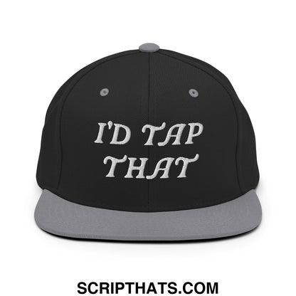 Black snapback hat with gray brim and white embroidered id tap that script text flat bill brim snapback hat