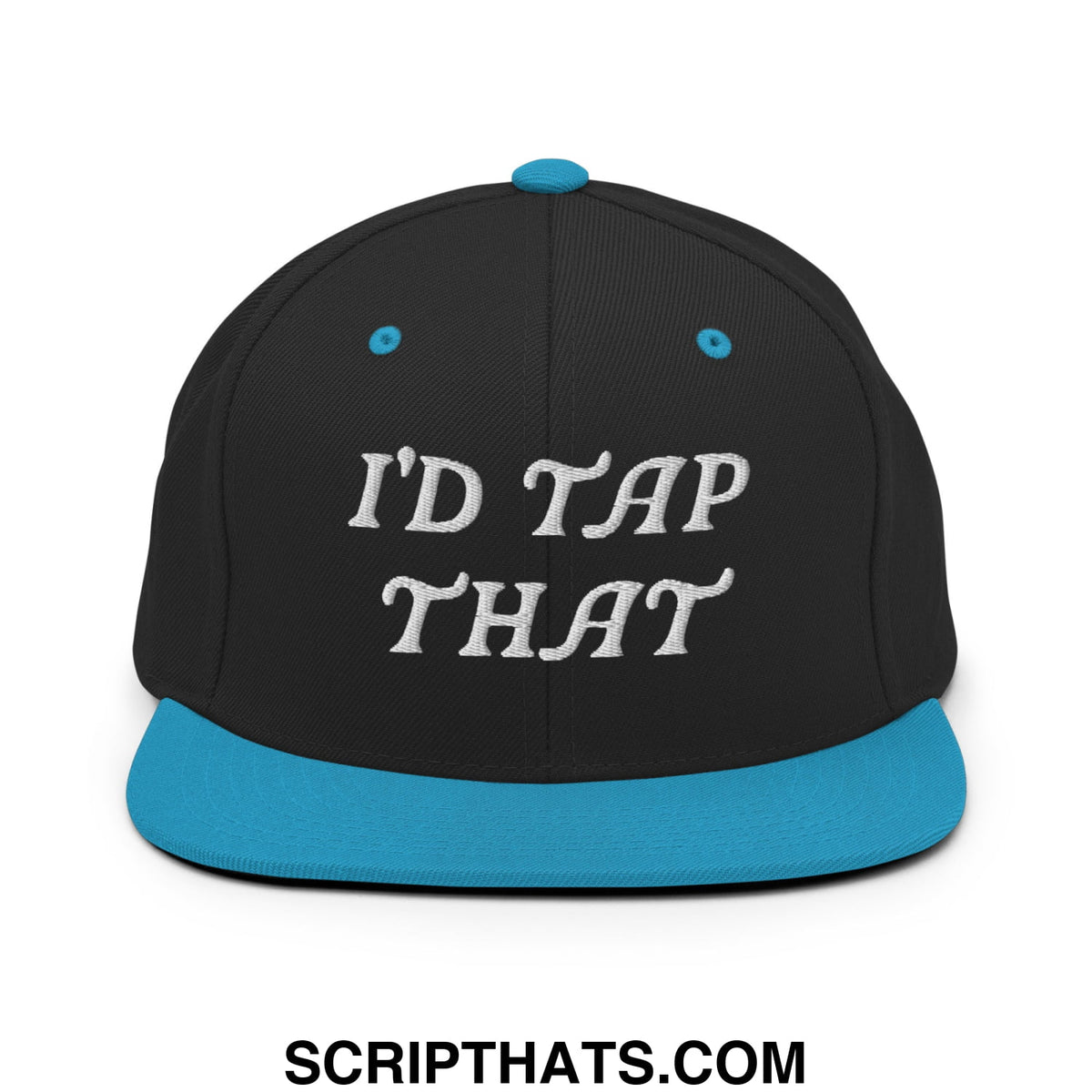 Black snapback cap with teal brim and button featuring white embroidered text id tap that flat bill brim