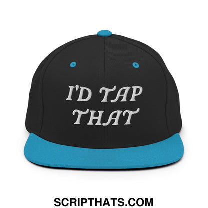 Black snapback cap with teal brim and button featuring white embroidered text id tap that flat bill brim