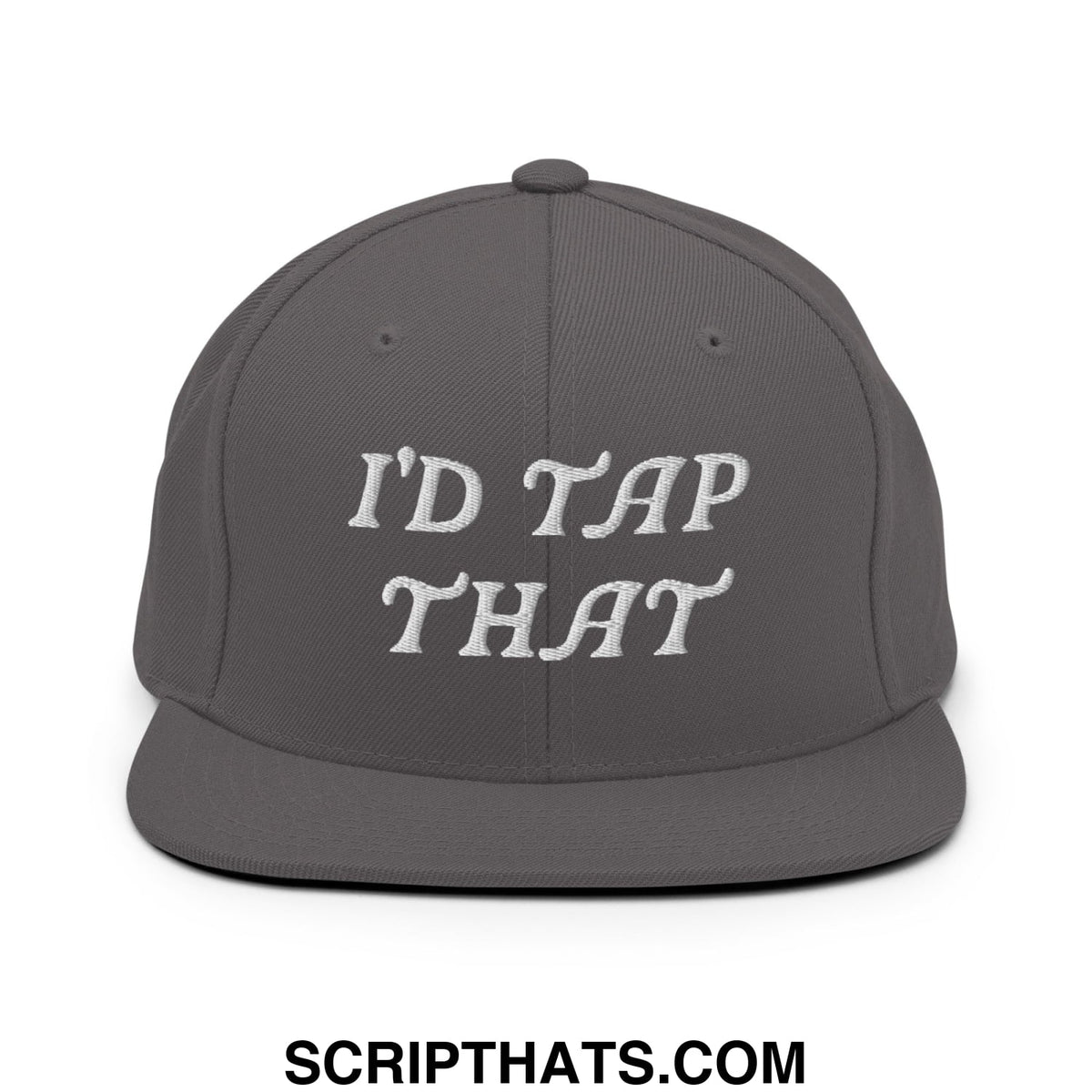 Gray snapback hat with white embroidered text reading id tap that flat bill brim for casual wear