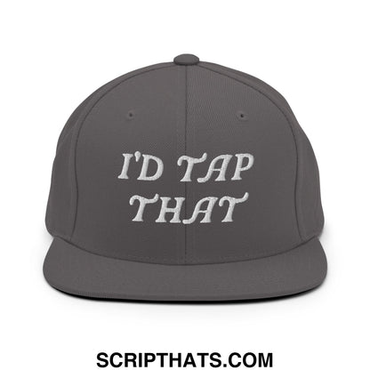 Gray snapback hat with white embroidered text reading id tap that flat bill brim for casual wear