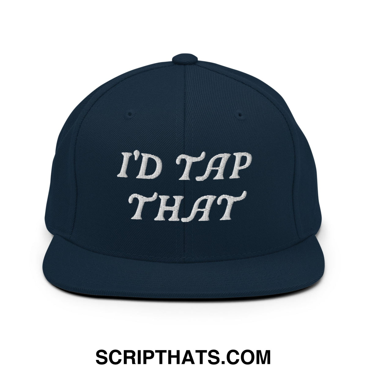 Navy blue snapback cap with white embroidered id tap that script on flat bill brim for casual wear