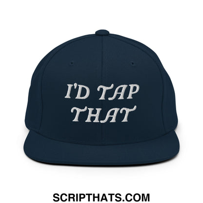 Navy blue snapback cap with white embroidered id tap that script on flat bill brim for casual wear