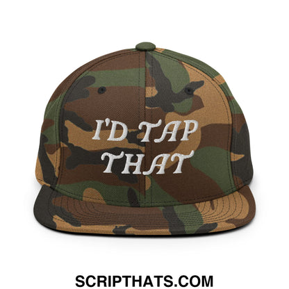 Camouflage snapback hat with white embroidered text id tap that and flat bill brim for casual wear