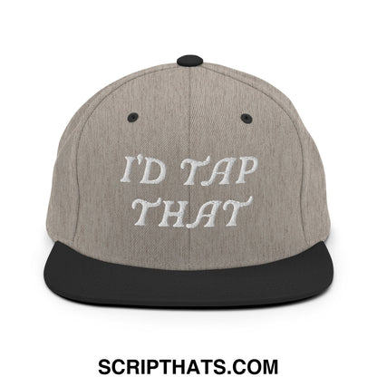 Gray and black snapback hat with white embroidered text id tap that on flat bill brim for casual wear