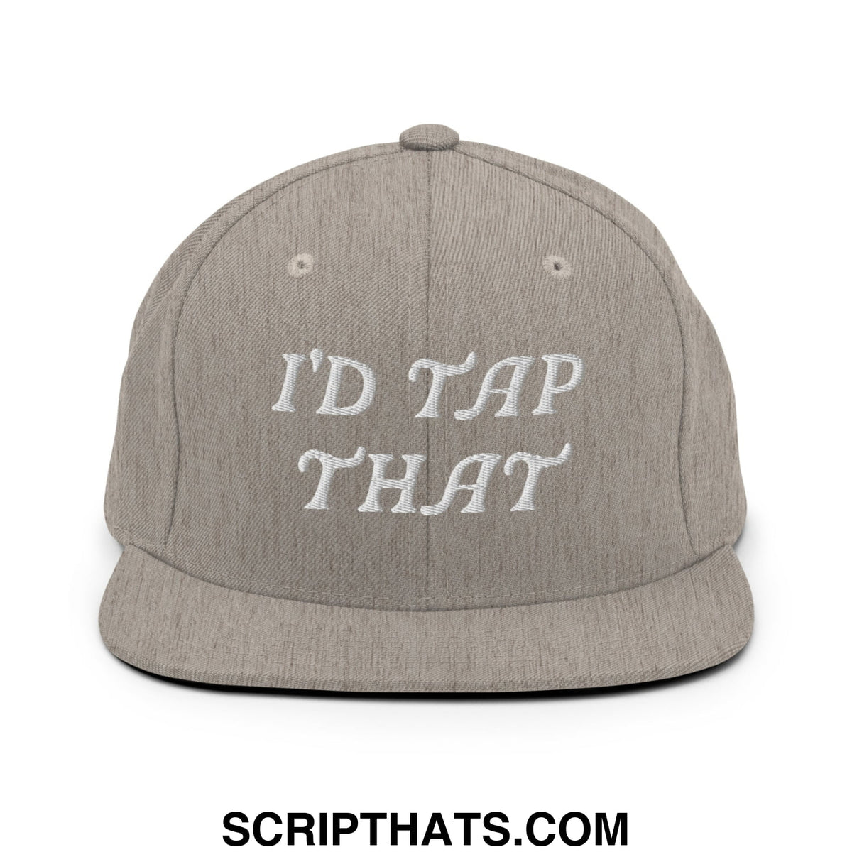 Gray snapback hat with white embroidered id tap that text and flat bill brim for casual wear