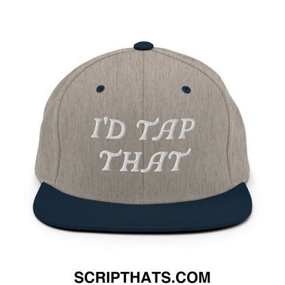 Gray and navy blue snapback hat with white embroidered i’d tap that text on front and flat bill brim