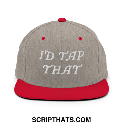 Gray and red snapback hat with white embroidered id tap that text and flat bill brim