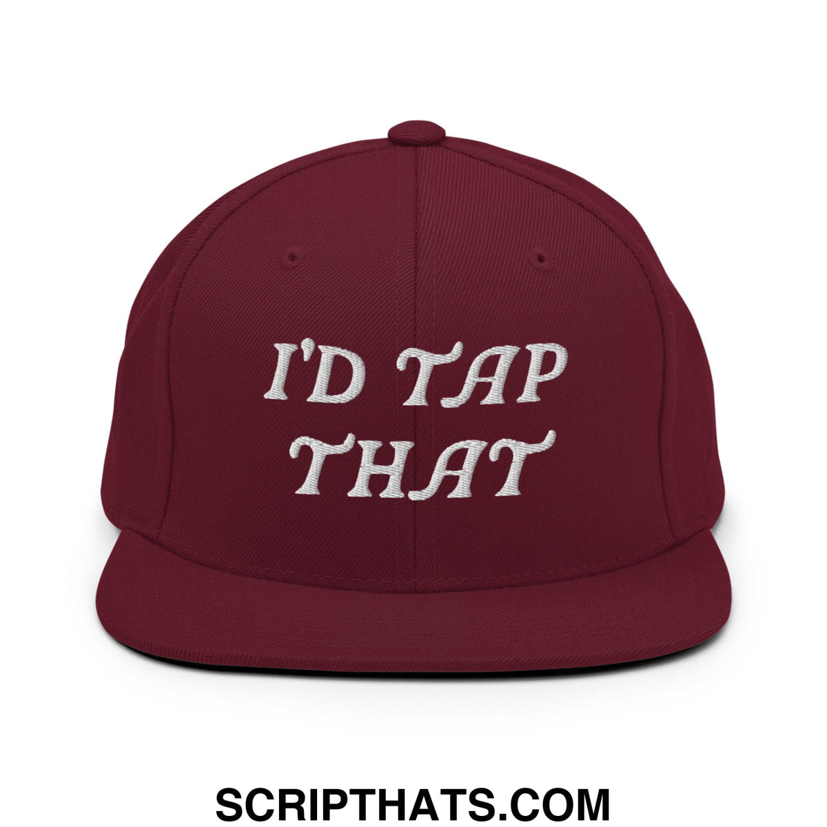 Maroon embroidered flat bill brim snapback hat with white id tap that text in a casual streetwear style