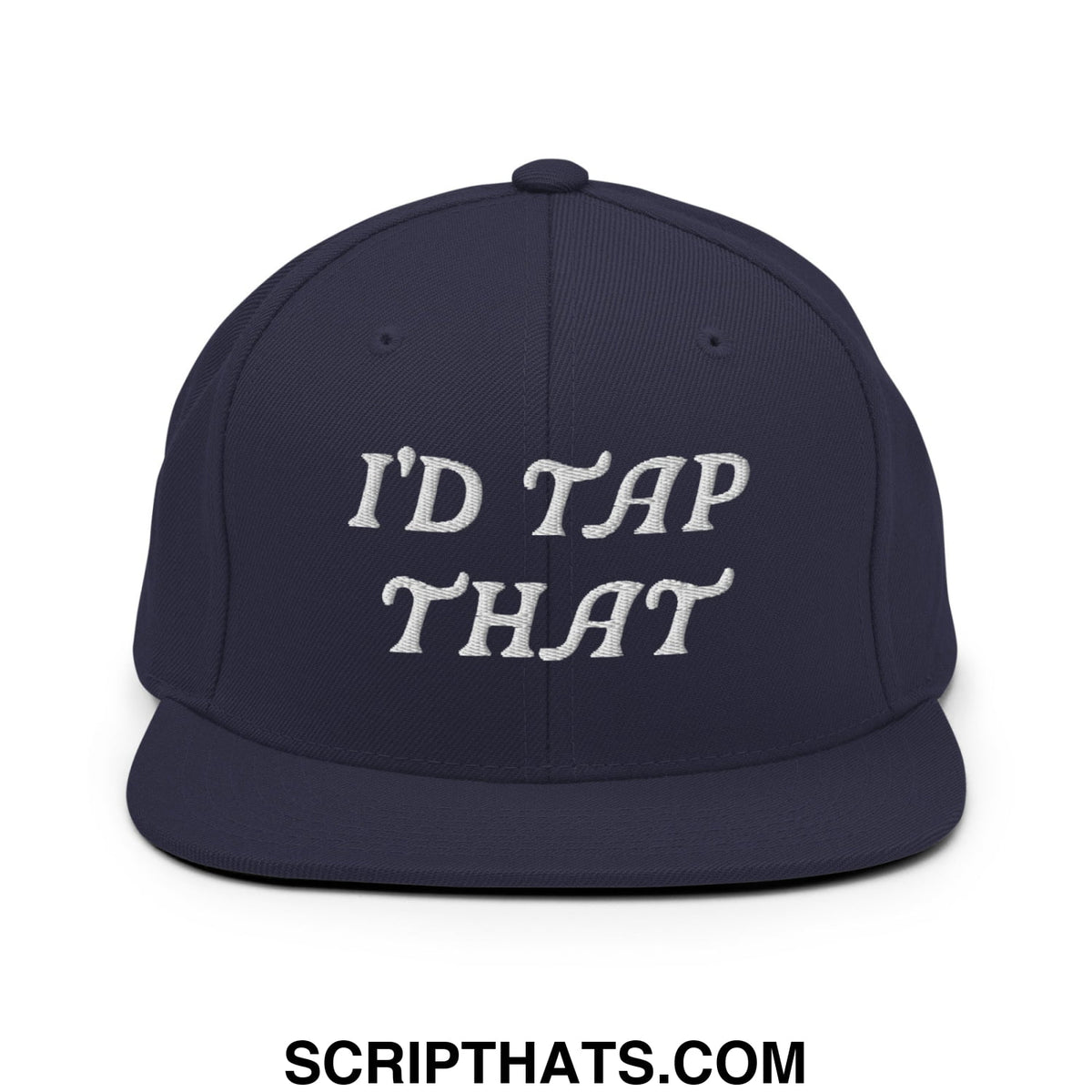Navy blue snapback hat with white embroidered i’d tap that script and flat bill brim for casual wear