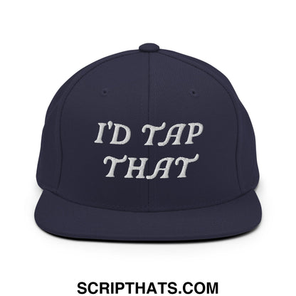 Navy blue snapback hat with white embroidered i’d tap that script and flat bill brim for casual wear