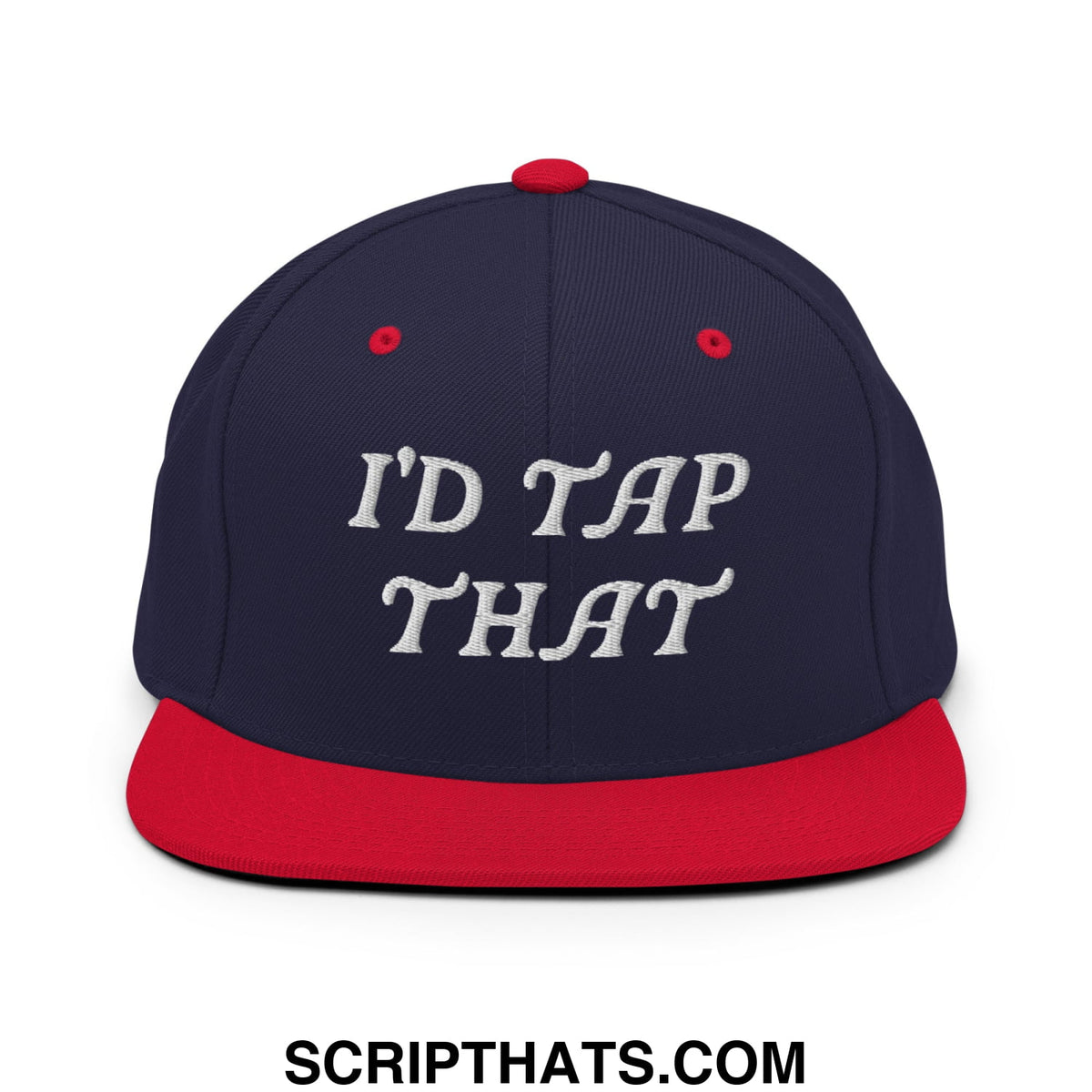 Navy blue snapback hat with red brim button and white embroidered text id tap that flat bill design