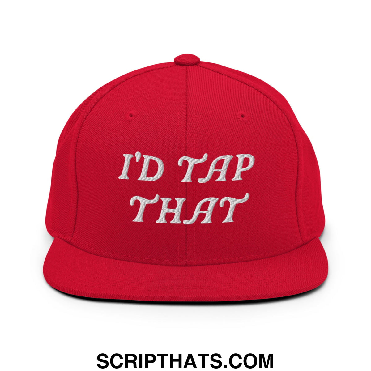 Red snapback hat with white embroidered flat bill brim text reading idd tap that casual streetwear accessory